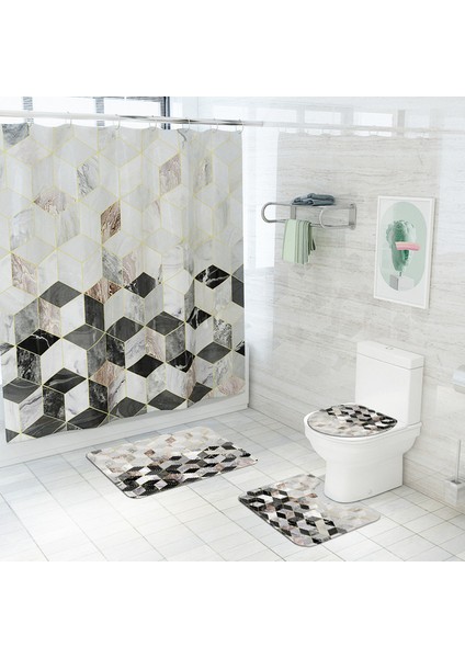 4 ADET-795 Mermer Desen Duş Perdesi Banyo Paspas Seti Mikrofiber Tuvalet Halı Banyo Zemin Mat Yıkanabilir Klozet Kapağı Mat (Yurt Dışından)