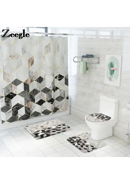 4 ADET-795 Mermer Desen Duş Perdesi Banyo Paspas Seti Mikrofiber Tuvalet Halı Banyo Zemin Mat Yıkanabilir Klozet Kapağı Mat (Yurt Dışından)