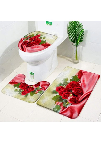 3004XJ-3PCS Set 45X75CM Gül Çiçek Banyo Paspas Seti Kırmızı Taze Çiçek Tarlaları ve Bahçe Tesisi Kaymaz Tuvalet Kapağı Ayak Halı Paspas Banyo Aksesuar Seti (Yurt Dışından)
