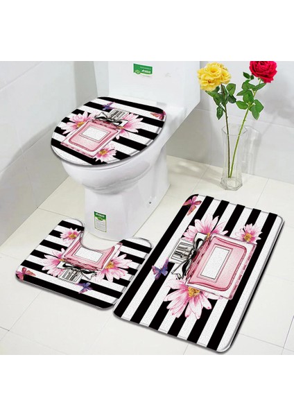 804X-3PCS Set 60X40CM-23.6X15.7IN Moda Parfüm Banyo Paspasları Setleri Çiçekler Siyah ve Beyaz Çizgili Kapı Kilim Kadın Kızlar Ev Banyo Dekor Flanel Tuvalet Kapağı Mat (Yurt Dışından) modelleri