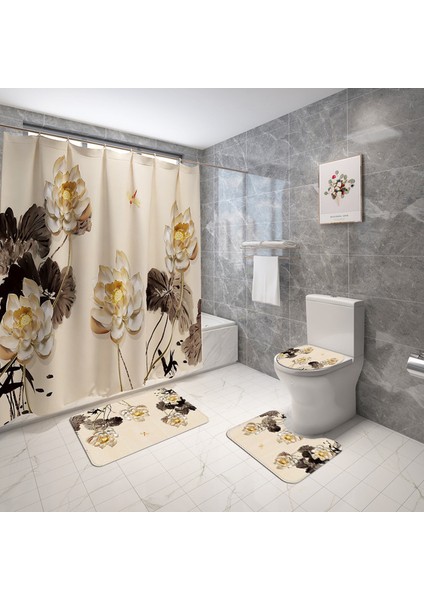 4 ADET-698 Çiçek Avrupa Tarzı Ev Dekor Tuvalet Paspas Banyo Paspas ve Duş Perdesi Seti Banyo Halı Seti Kaymaz Banyo Ayak Mat (Yurt Dışından)