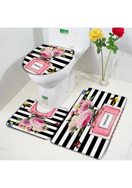 136CY-3PCS Set 45X75CM-17.7X29.5IN Çiçek Parfüm Banyo Paspasları Setleri Kelebek Pembe Çiçek Siyah Beyaz Çizgili Baskı Kapı Kilim Banyo Dekor Kaymaz Tuvalet Kapağı Mat (Yurt Dışından) fiyatları