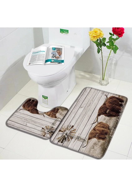 3451YY-2PCS Set 60X40CM-23.6X15.7IN Çiftlik Hayvanı Yayla Inek Kapı Paspasları Kahverengi Sığır Çim Retro Ahşap Pazen Banyo Paspas Ev Odası Mutfak Banyo Dekor Kaymaz Halı (Yurt Dışından)