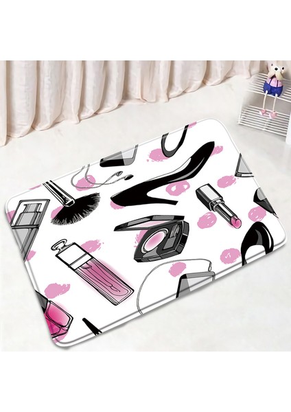 DD-2398X 60X40CM-23.6X15.7IN Moda Parfüm Banyo Paspasları Setleri Çiçekler Siyah ve Beyaz Çizgili Kapı Halı Kadın Kızlar Ev Banyo Dekor Flanel Tuvalet Kapağı Mat (Yurt Dışından)