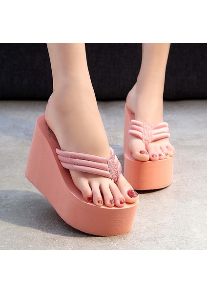 Pembe Fiyonk 11CM 40 (Taban 25CM) Yaz Yeni Kore Tarzı Moda 11 cm Süper Yüksek Topuklu Takozlar Platformu Kesme Kadın Parmak Arası Terlik Bayanlar Plaj Terlik (Yurt Dışından)