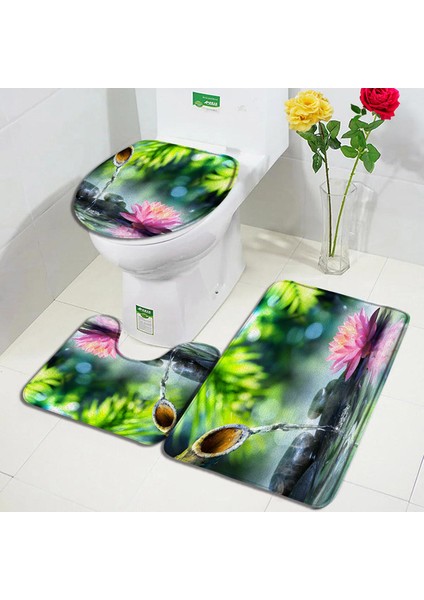 2291G-3PCS Set 60X40CM-23.6X15.7IN Yeşil Bambu Zen Banyo Paspasları Seti Orkide Lotus Masaj Taşı Asya Spa Kapı Pedi Modern Banyo Dekor Kaymaz Halı Tuvalet Kapağı Mat (Yurt Dışından)