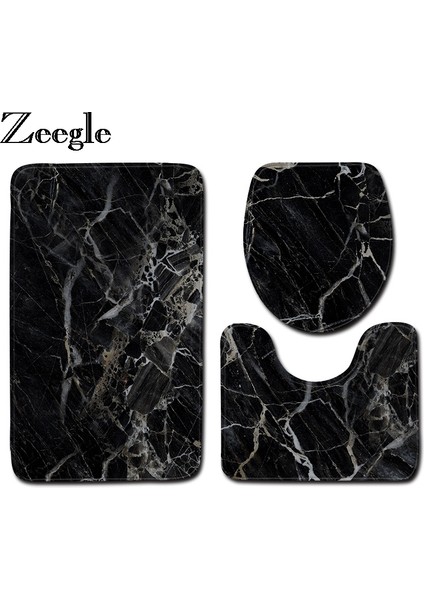 Y181009-C002 50X80 cm Zeegle 3 Adet Banyo Paspas Seti Mermer Desen Banyo Halıları Kaymaz Banyo Paspas Ayaklı Halı U-Şekilli Tuvalet Halısı Banyo Halısı (Yurt Dışından)