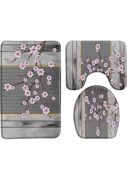 60976J-3PCS Set 60X40CM-23.6X15.7IN 3 Adet Set Çin Tarzı Kırmızı Erik Balık Bambu Baskı Banyo Paspas Yatak Odası Mutfak Kaymaz Halı Tuvalet Kapağı Halı Duş Odası Dekor (Yurt Dışından)