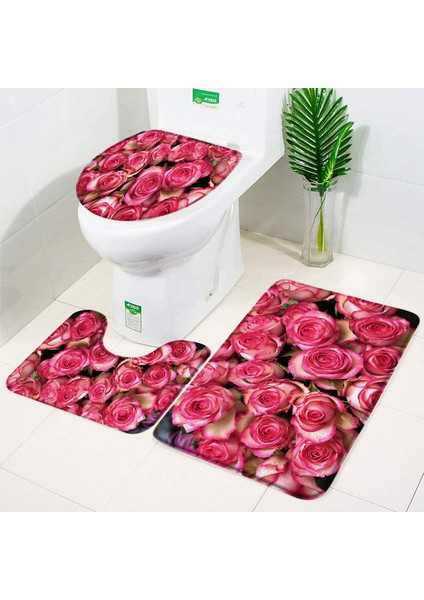 3004XJ-3PCS Set 40X60CM Gül Çiçek Banyo Paspas Seti Kırmızı Taze Çiçek Tarlaları ve Bahçe Tesisi Kaymaz Tuvalet Kapağı Ayak Halı Paspas Banyo Aksesuar Seti (Yurt Dışından) fırsatları