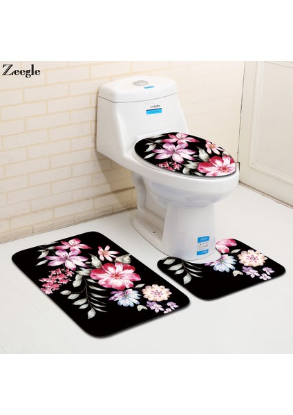 Çiçek 04 3 Adet Zeegle Çiçek Baskılı 3 Adet/takım Tuvalet Banyo Paspaslar Için Kaymaz Paspaslar Banyo Emici Banyo Halısı Için Flanel Halı (Yurt Dışından)