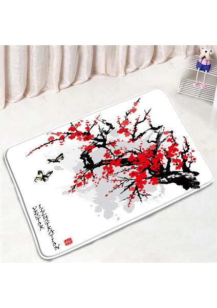 DD-208BL 75X45CM-29.5X17.7IN 3 Adet Set Çin Tarzı Kırmızı Erik Balık Bambu Baskı Banyo Paspas Yatak Odası Mutfak Kaymaz Halı Tuvalet Kapağı Halı Duş Odası Dekor (Yurt Dışından)