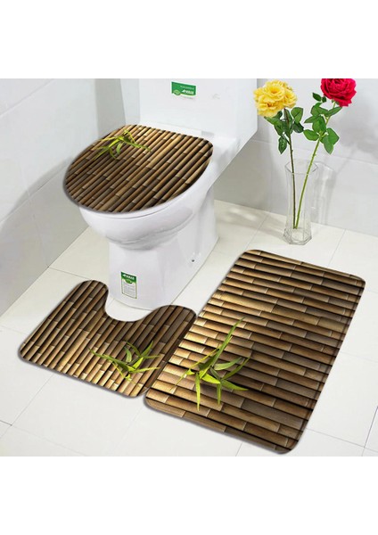 DD-208BL 75X45CM-29.5X17.7IN 3 Adet Set Çin Tarzı Kırmızı Erik Balık Bambu Baskı Banyo Paspas Yatak Odası Mutfak Kaymaz Halı Tuvalet Kapağı Halı Duş Odası Dekor (Yurt Dışından) fırsatları