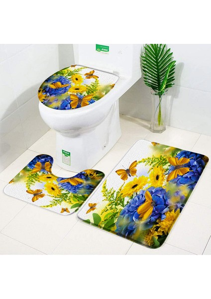 9134AE-3PCS Set 45X75CM Gül Çiçek Banyo Paspas Seti Kırmızı Taze Çiçek Tarlaları ve Bahçe Tesisi Kaymaz Tuvalet Kapağı Ayak Halı Paspas Banyo Aksesuar Seti (Yurt Dışından)