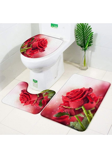 8081AE-3PCS Set 45X75CM Gül Çiçek Banyo Paspas Seti Kırmızı Taze Çiçek Tarlaları ve Bahçe Tesisi Kaymaz Tuvalet Kapağı Ayak Halı Paspas Banyo Aksesuar Seti (Yurt Dışından) fiyatları