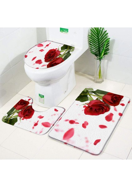 8081AE-3PCS Set 45X75CM Gül Çiçek Banyo Paspas Seti Kırmızı Taze Çiçek Tarlaları ve Bahçe Tesisi Kaymaz Tuvalet Kapağı Ayak Halı Paspas Banyo Aksesuar Seti (Yurt Dışından) modelleri