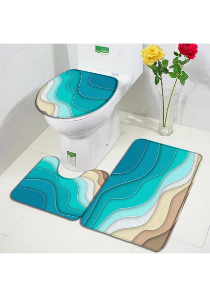 4AA-3PCS Set 45X75CM-17.7X29.5IN Soyut Geometrik Banyo Paspas Seti Mavi Yeşil Kahverengi Yaratıcı Dalga Desenli Mermer Halı Banyo Dekor Halı Kaymaz Tuvalet Kapağı Paspasları (Yurt Dışından)