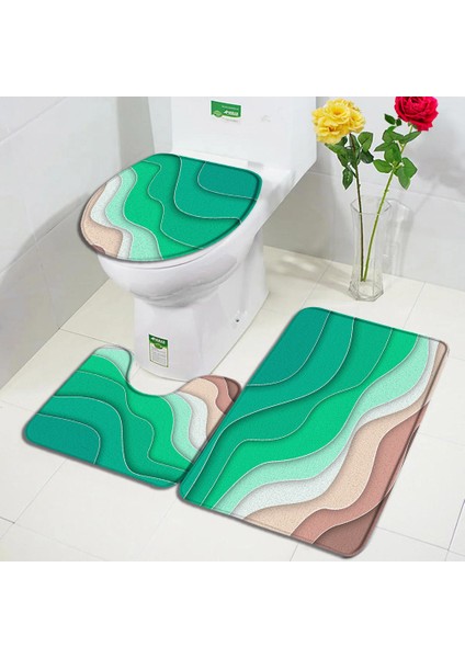 4AA-3PCS Set 45X75CM-17.7X29.5IN Soyut Geometrik Banyo Paspas Seti Mavi Yeşil Kahverengi Yaratıcı Dalga Desenli Mermer Halı Banyo Dekor Halı Kaymaz Tuvalet Kapağı Paspasları (Yurt Dışından)