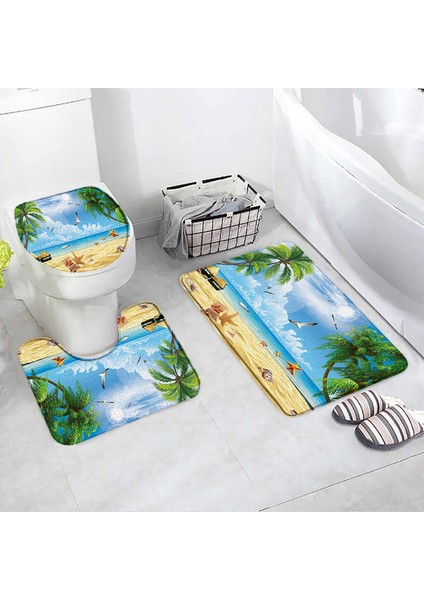 72CY-3PCS Set 75X45CM-29.5X17.7IN Okyanus Plaj Banyo Paspasları Seti Denizyıldızı Kabuklu Palmiye Ağaçları Yunus Doğa Manzara Ev Banyo Dekor Kapı Halıları Halı Tuvalet Kapağı Mat (Yurt Dışından)