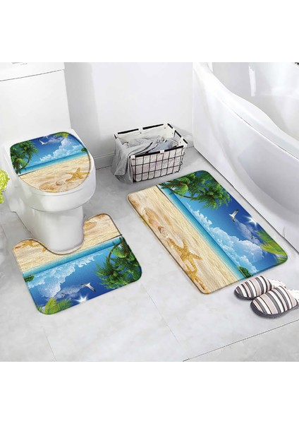 72CY-3PCS Set 75X45CM-29.5X17.7IN Okyanus Plaj Banyo Paspasları Seti Denizyıldızı Kabuklu Palmiye Ağaçları Yunus Doğa Manzara Ev Banyo Dekor Kapı Halıları Halı Tuvalet Kapağı Mat (Yurt Dışından) fırsatları