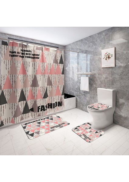 4PCS-1065 Gösterildiği Gibi Ekose Baskılı Banyo Halı Kilim Banyo Paspas ve Su Geçirmez Duş Perdesi Seti Bellek Köpük Klozet Kapağı Mat Ayak Paspasları (Yurt Dışından)