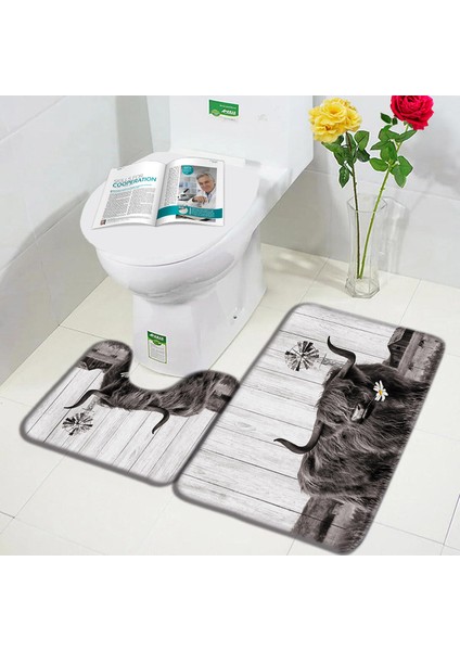 3249AI-2PCS Set 60X40CM-23.6X15.7IN Çiftlik Hayvanı Yayla Inek Kapı Paspasları Kahverengi Sığır Çim Retro Ahşap Pazen Banyo Paspas Ev Odası Mutfak Banyo Dekor Kaymaz Halı (Yurt Dışından)