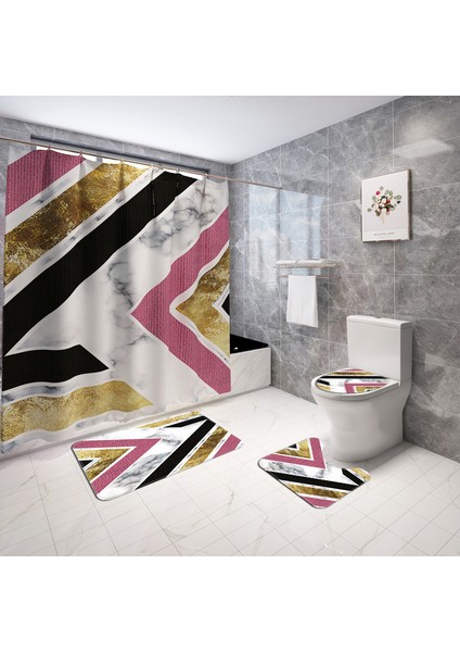 4PCS-1065 Gösterildiği Gibi Ekose Baskılı Banyo Halı Kilim Banyo Paspas ve Su Geçirmez Duş Perdesi Seti Bellek Köpük Klozet Kapağı Mat Ayak Paspasları (Yurt Dışından) fırsatları