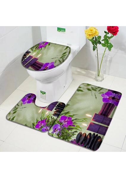 8677J-3PCS Set 45X75CM-17.7X29.5IN Mor Orkide Zen Banyo Paspasları Setleri Beyaz Mum Siyah Masaj Taşı Asya Spa Modern Kapı Kilim Ev Banyo Dekor Tuvalet Kapağı Mat (Yurt Dışından)