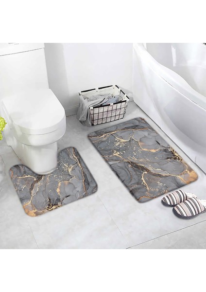 DD-2312AF 40X60CM-15.7X23.6IN Soyut Mermer Banyo Paspas Seti Gri Dokulu Desen Modern Lüks Ev Zemin Halı Banyo Dekoratif Kaymaz Halı U Şekli Paspaslar (Yurt Dışından)
