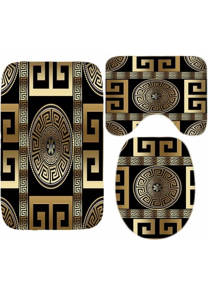 L 45X75CM 3pcs Lüks Siyah Altın Yunan Anahtar Menderes Sınır Banyo Halı Seti Modern Geometrik Süslü Banyo Kapı Mat Tuvalet Zemin Halı Dekor Için (Yurt Dışından)