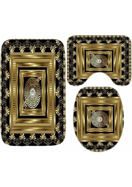 L 45X75CM 3pcs Lüks Siyah Altın Yunan Anahtar Menderes Sınır Banyo Halı Seti Modern Geometrik Süslü Banyo Kapı Mat Tuvalet Zemin Halı Dekor Için (Yurt Dışından)