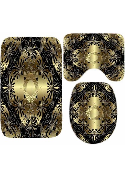 L 45X75CM 3pcs Lüks Siyah Altın Yunan Anahtar Menderes Sınır Banyo Halı Seti Modern Geometrik Süslü Banyo Kapı Mat Tuvalet Zemin Halı Dekor Için (Yurt Dışından)