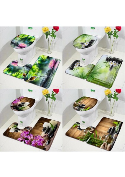 1864YY-3 Adet Set 75X45CM-29.5X17.7IN Yeşil Bambu Zen Banyo Paspas Seti Orkide Lotus Masaj Taş Asya Spa Kapı Pedi Modern Banyo Dekor Kaymaz Halı Tuvalet Kapağı Mat (Yurt Dışından)