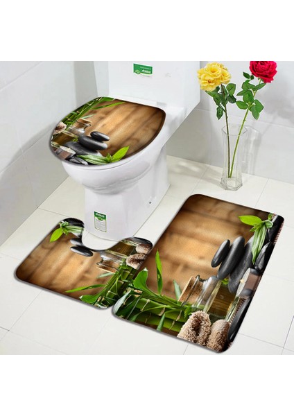 1864YY-3 Adet Set 75X45CM-29.5X17.7IN Yeşil Bambu Zen Banyo Paspas Seti Orkide Lotus Masaj Taş Asya Spa Kapı Pedi Modern Banyo Dekor Kaymaz Halı Tuvalet Kapağı Mat (Yurt Dışından)
