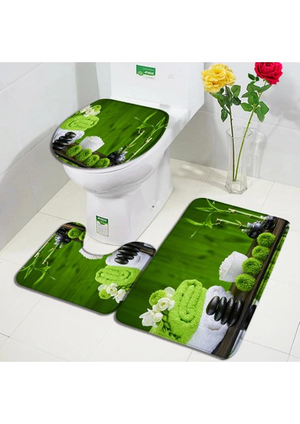 1864YY-3 Adet Set 75X45CM-29.5X17.7IN Yeşil Bambu Zen Banyo Paspas Seti Orkide Lotus Masaj Taş Asya Spa Kapı Pedi Modern Banyo Dekor Kaymaz Halı Tuvalet Kapağı Mat (Yurt Dışından)