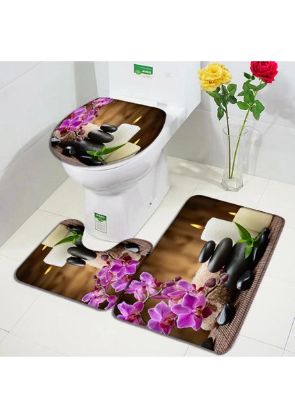 1864YY-3 Adet Set 75X45CM-29.5X17.7IN Yeşil Bambu Zen Banyo Paspas Seti Orkide Lotus Masaj Taş Asya Spa Kapı Pedi Modern Banyo Dekor Kaymaz Halı Tuvalet Kapağı Mat (Yurt Dışından)