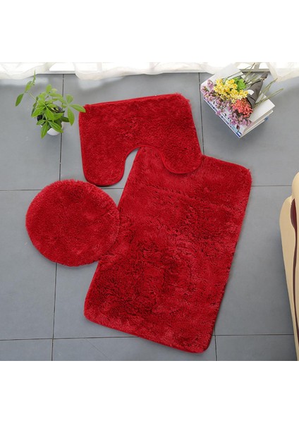 Kırmızı 3 Parçalı Banyo Kaymaz Düz Renk Halı Yer Paspası, Pv Kadife Tuvalet Kapağı, U Şeklinde Yastık, Emici Kaymaz Halı Seti (Yurt Dışından) modelleri