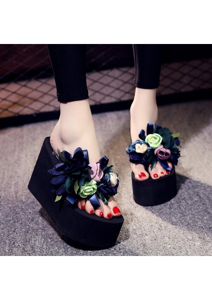 Tomurcuk Koyu Mavi 11CM 40 (Taban 25CM) Yaz Yeni Kore Tarzı Moda 11 cm Süper Yüksek Topuklu Takozlar Platform Kesme Kadın Parmak Arası Terlik Bayanlar Plaj Terlik (Yurt Dışından)