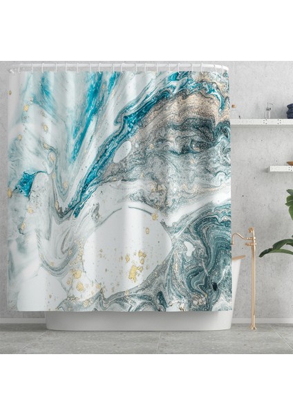Duş PERDESI-1550 Su Geçirmez Duş Perdesi ile Banyo Banyo Paspas Seti Mavi-Gri Mermer Duş Mat Banyo Halısı Banyo Tuvalet Zemin Mat (Yurt Dışından)