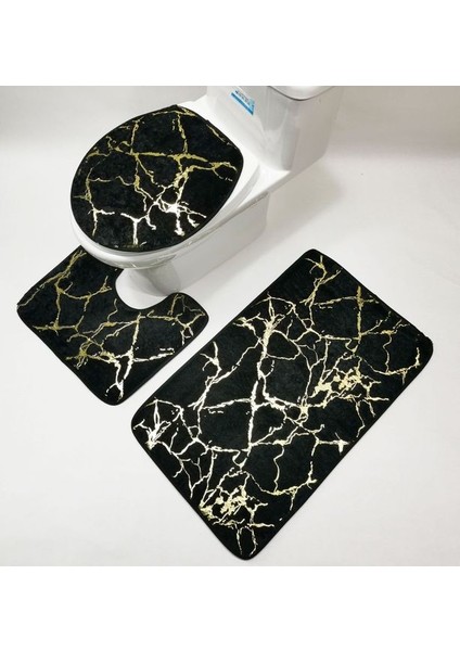 Siyah Set Flanel Tuvalet Tuvalet Mat Banyo Halı Baskı Şerit Bronzlaştırıcı Kaymaz Mat Emici Ayak Pedi Banyo Banyo Aksesuarları (Yurt Dışından)