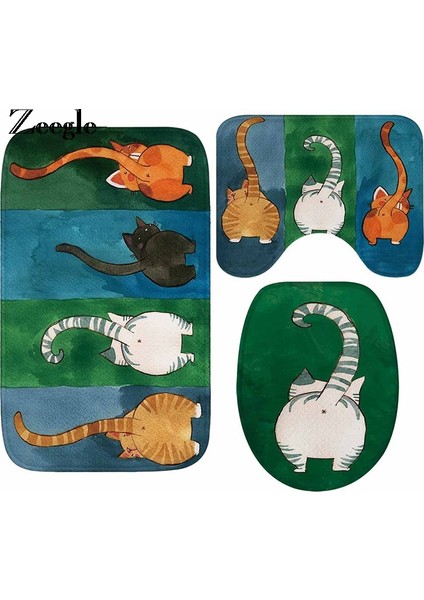 Ythd 50X80 cm 3 Adet Kedi Baskılı Banyo Paspas Seti Kaymaz Banyo Halısı Flanel Tuvalet Ayaklı Halı Emici Banyo Paspas Klozet Kapağı Mat (Yurt Dışından)