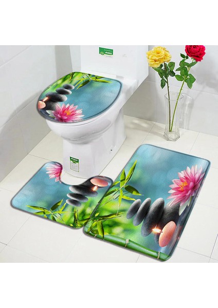 1873YY-3PCS Set 45X75CM-17.7X29.5IN Çiçek Parfüm Banyo Paspasları Setleri Kelebek Pembe Çiçek Siyah Beyaz Çizgili Baskı Kapı Kilim Banyo Dekor Kaymaz Tuvalet Kapağı Mat (Yurt Dışından)