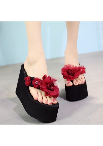 Çiçek Gül 11CM 41 (Taban 25.5cm) Yaz Yeni Kore Tarzı Moda 11 cm Süper Yüksek Topuklu Takozlar Platform Kesme Kadın Parmak Arası Terlik Bayanlar Plaj Terlik (Yurt Dışından)