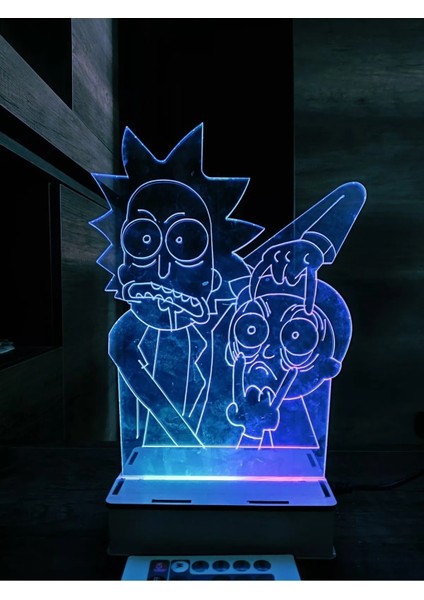 Deluxe Wood Rick And Morty 16 Renk Gece Lambası Masa Lambası Uzakdan Kumandalı Animasyonlu Çok Renkli