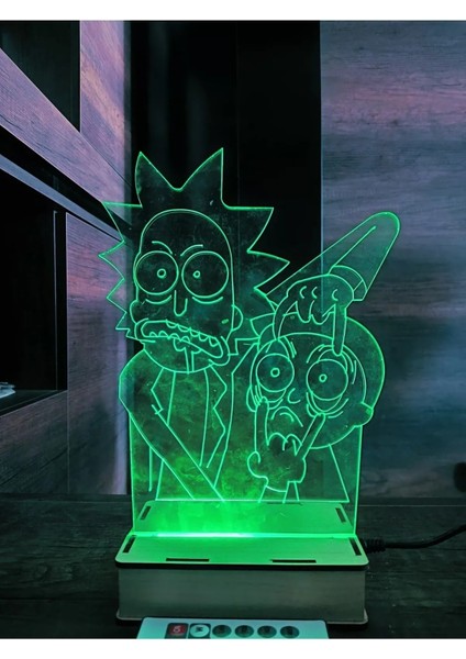 Deluxe Wood Rick And Morty 16 Renk Gece Lambası Masa Lambası Uzakdan Kumandalı Animasyonlu Çok Renkli