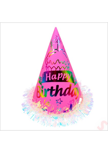 Hologram Happy Birthday Şapka, 24CM x 1 Adet - Pembe