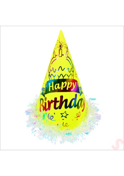 Hologram Happy Birthday Şapka, 24CM x 1 Adet - Sarı