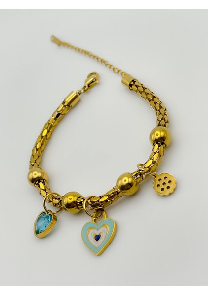 Çelik Bileklik Sallantılı Mavi Kalpli Çelik Bileklik Renk Gold
