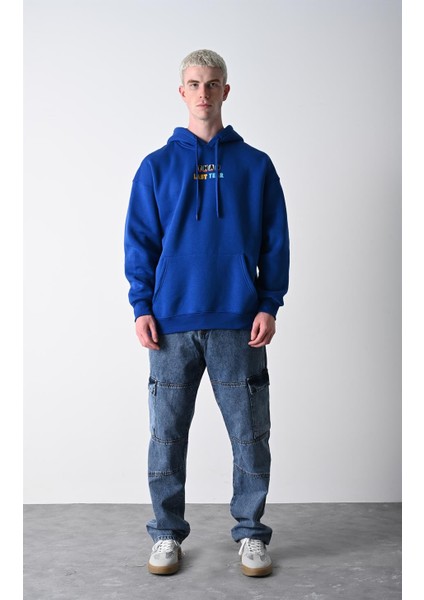 Erkek Mavi Rain Baskılı Oversize Kapüşonlu Sweatshirt