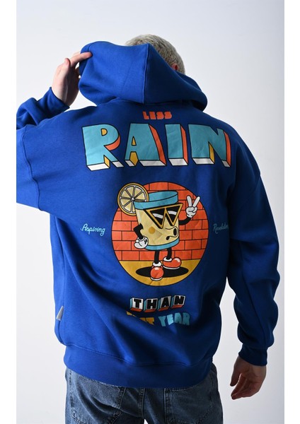 Erkek Mavi Rain Baskılı Oversize Kapüşonlu Sweatshirt