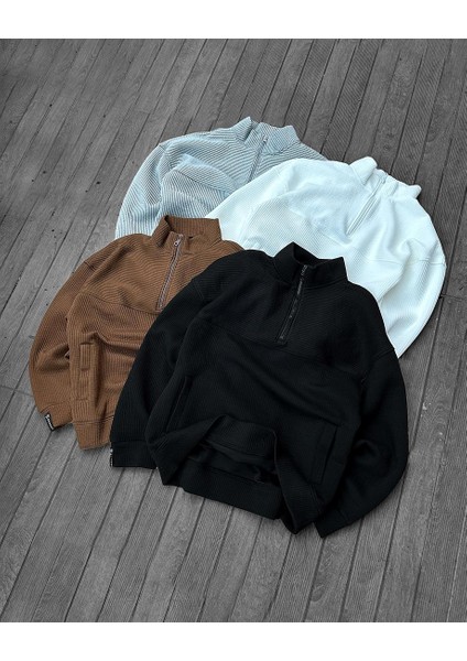 Erkek Siyah Fitilli Yarım Fermuar Cep Detay Oversize Sweatshirt